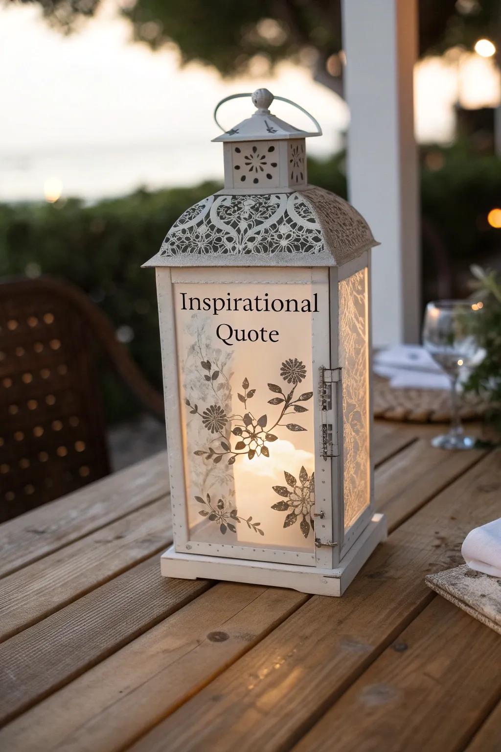 A customized lantern showcasing a beautifully engraved message.