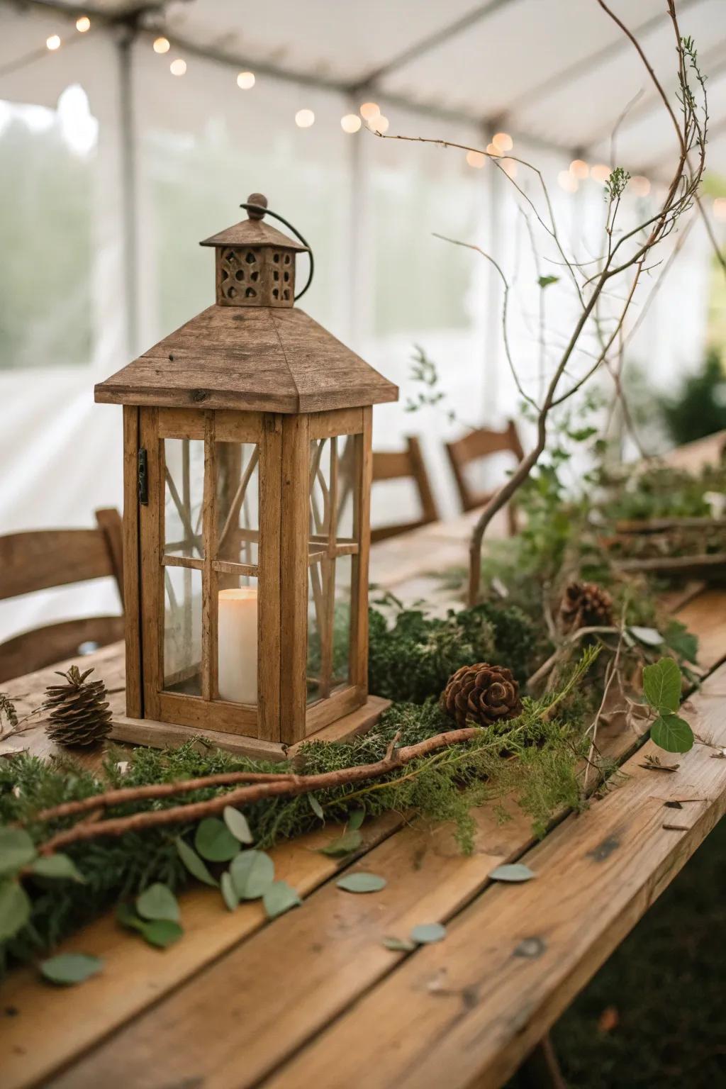 Wooden lanterns introduce a rustic feel to your layout.