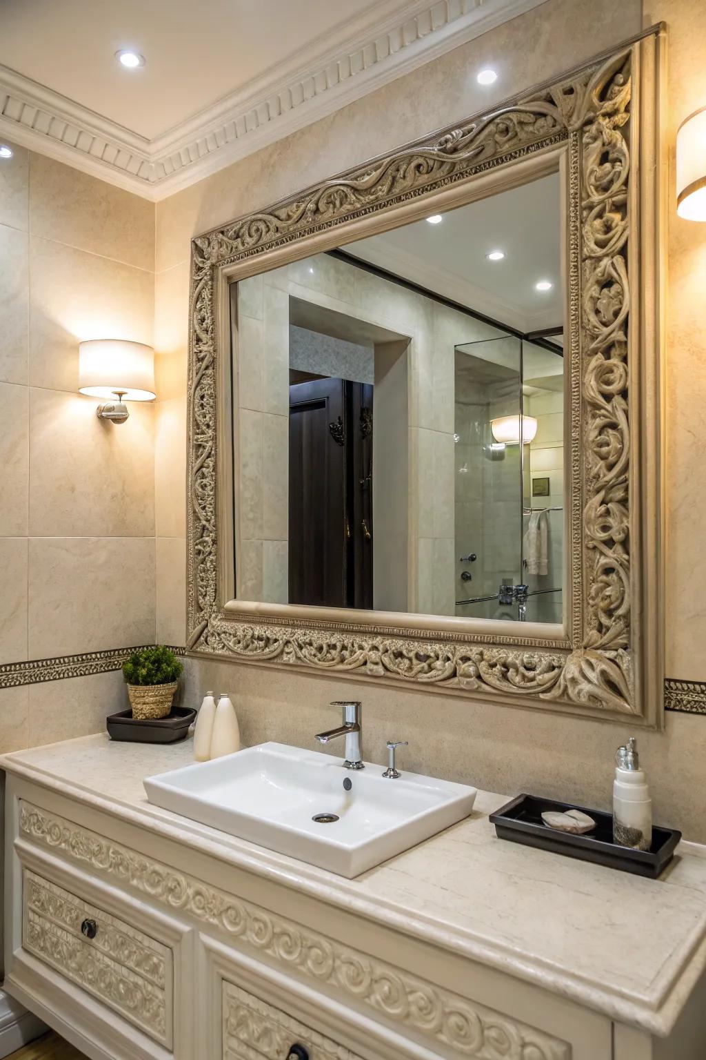 A tastefully framed mirror can bring a sophisticated flair to your bathroom.