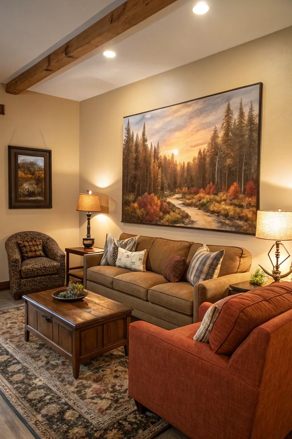 Tranquility blossoms indoors with a forest landscape painting.