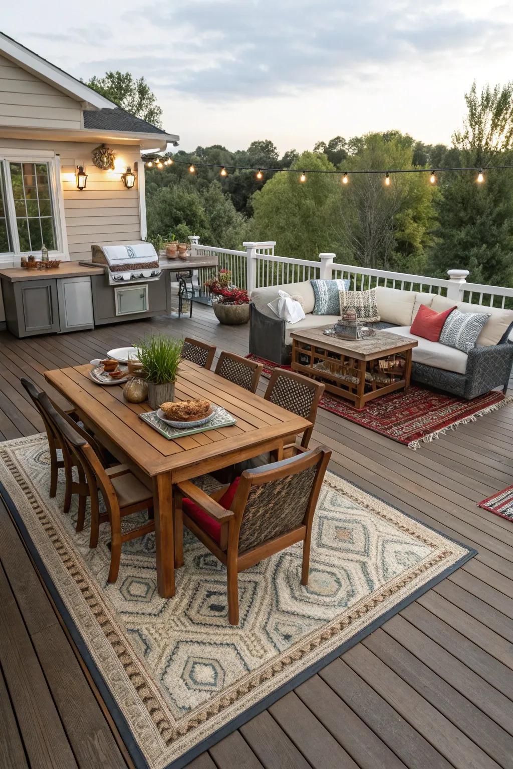 Use floor coverings to mark distinct zones on your deck for different activities.
