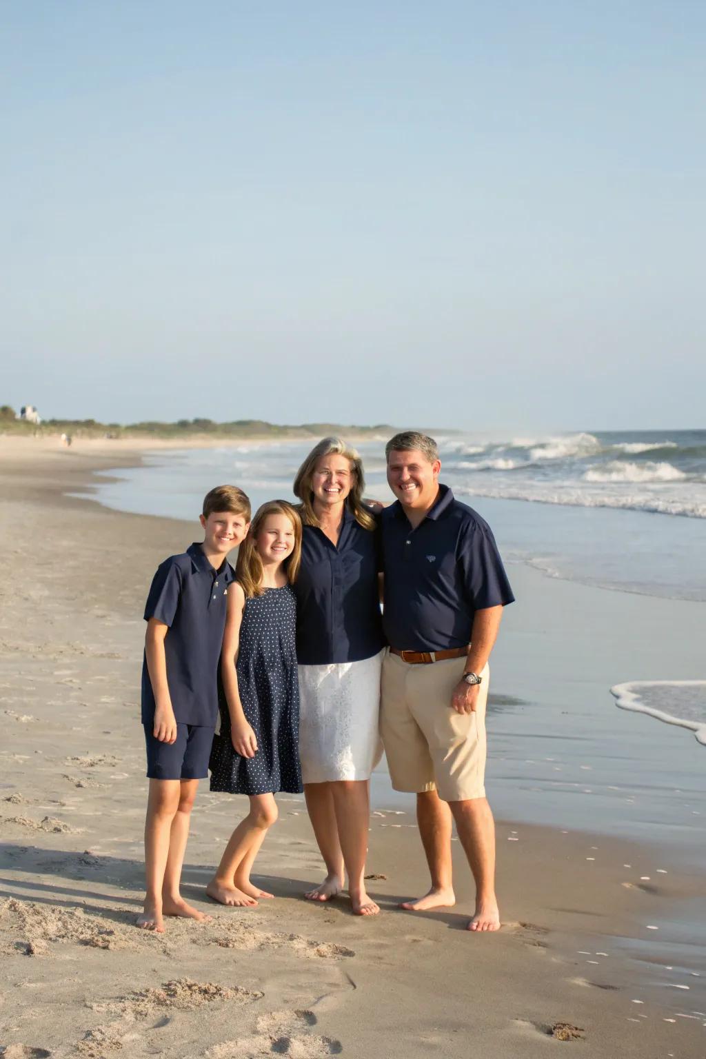 Indigo and ivory outfits create a timeless look perfect for beach settings.