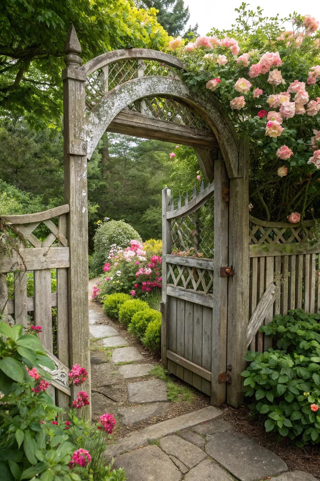 A traditional wood arched gateway provides an inviting entrance to any garden.
