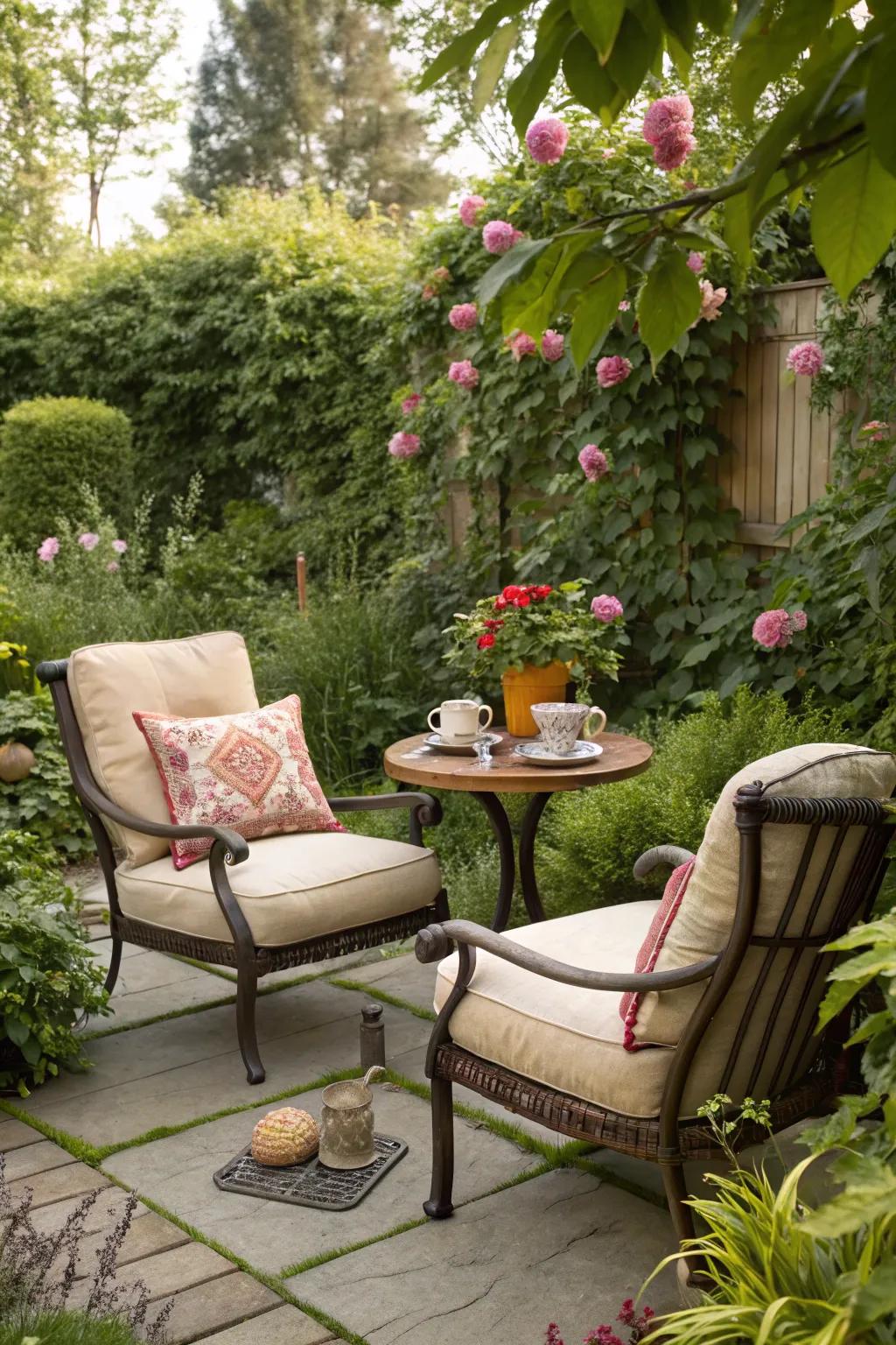 A comfortable seating area nestled in a vibrant garden corner.