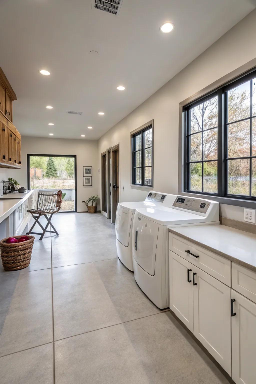 A well-arranged laundry room with an open format.