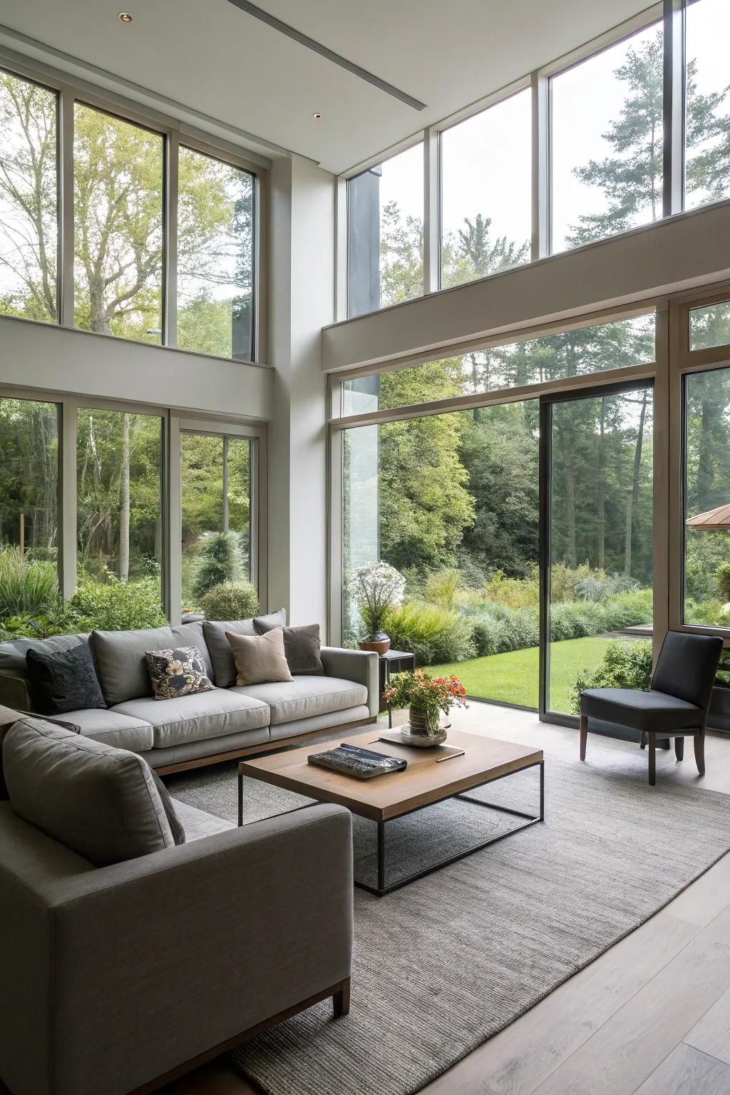 A living area featuring floor-to-ceiling windows, blurring the distinction between the indoors and out.
