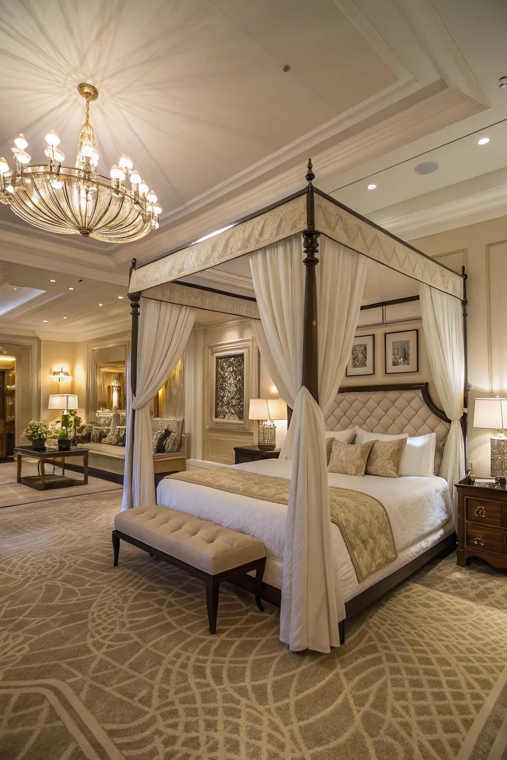 A striking draped bed ensemble forms the heart of this expansive primary bedroom.