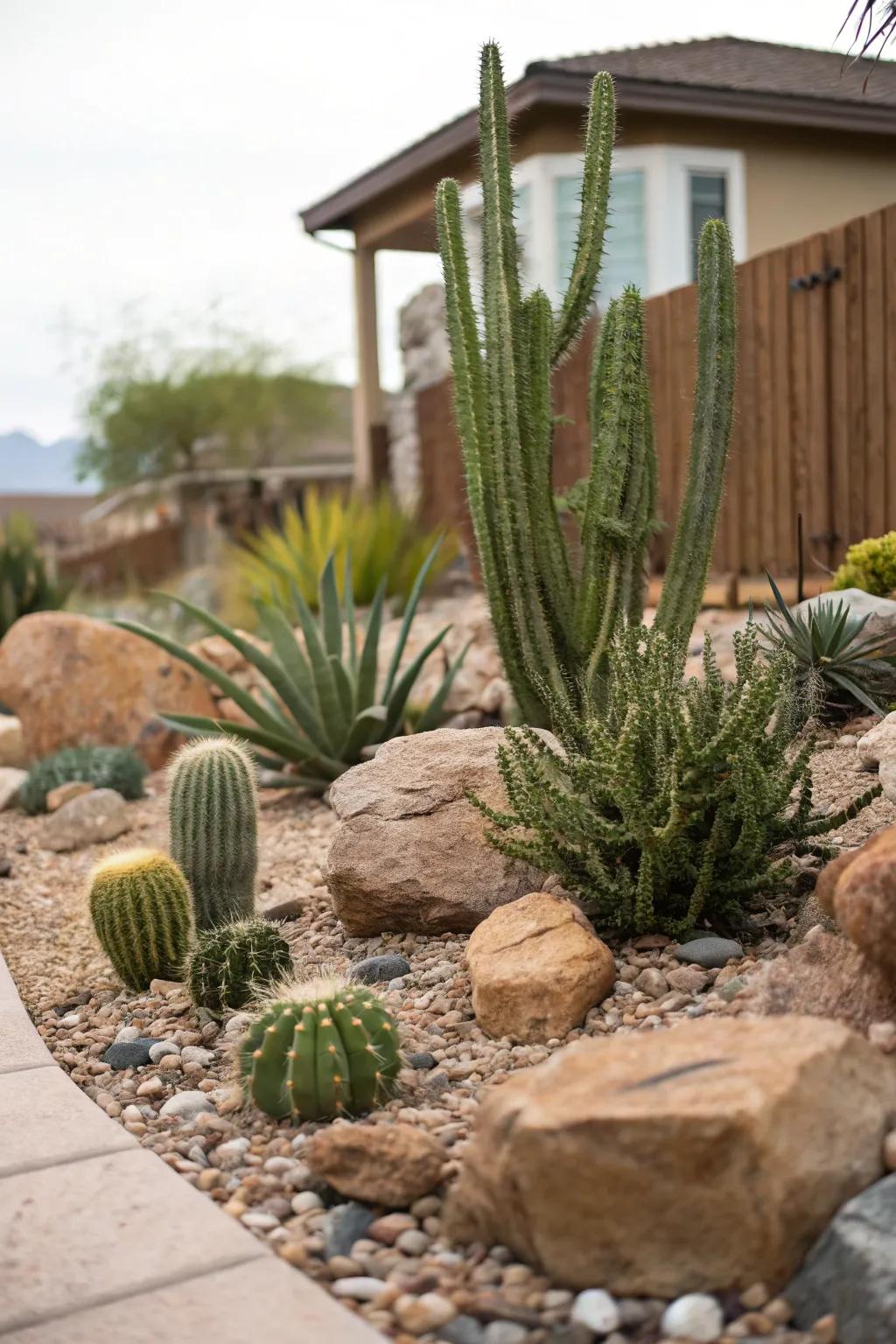 Desert landscaping featuring cacti and succulents in a Las Vegas backyard setting.
