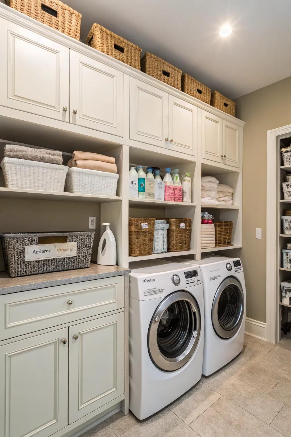 Upward storage solutions help maintain a tidy and efficient laundry room.