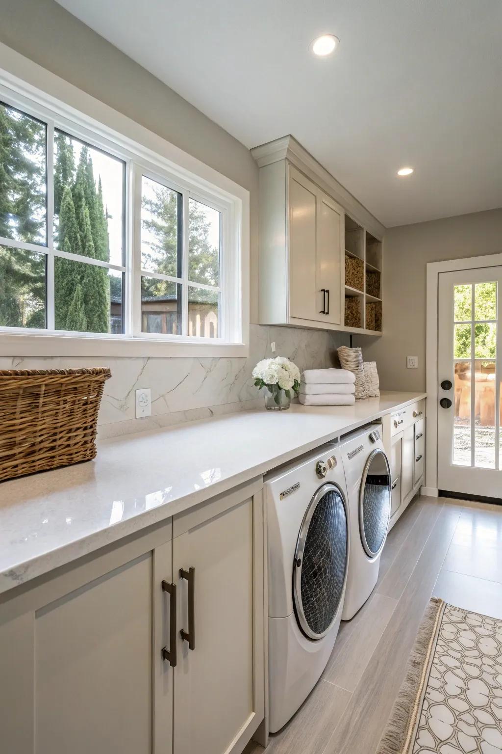 A laundry room showcases robust and fashionable quartz countertops.
