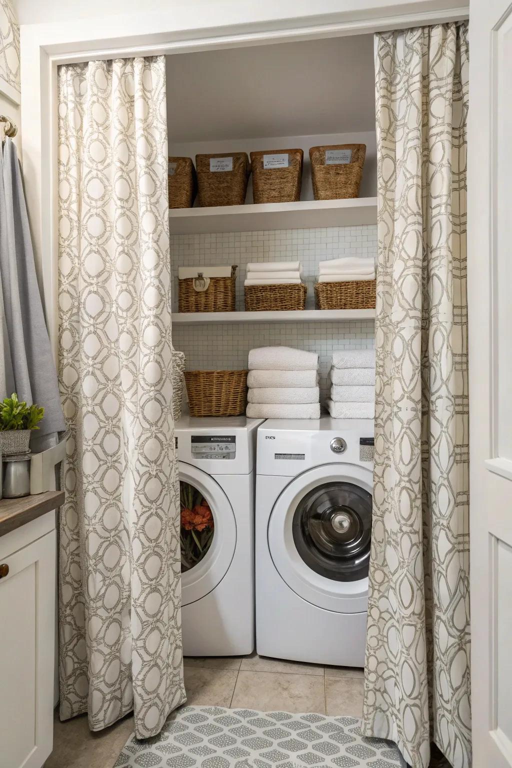 Using coverings to conceal appliances imparts refinement to your utility space.