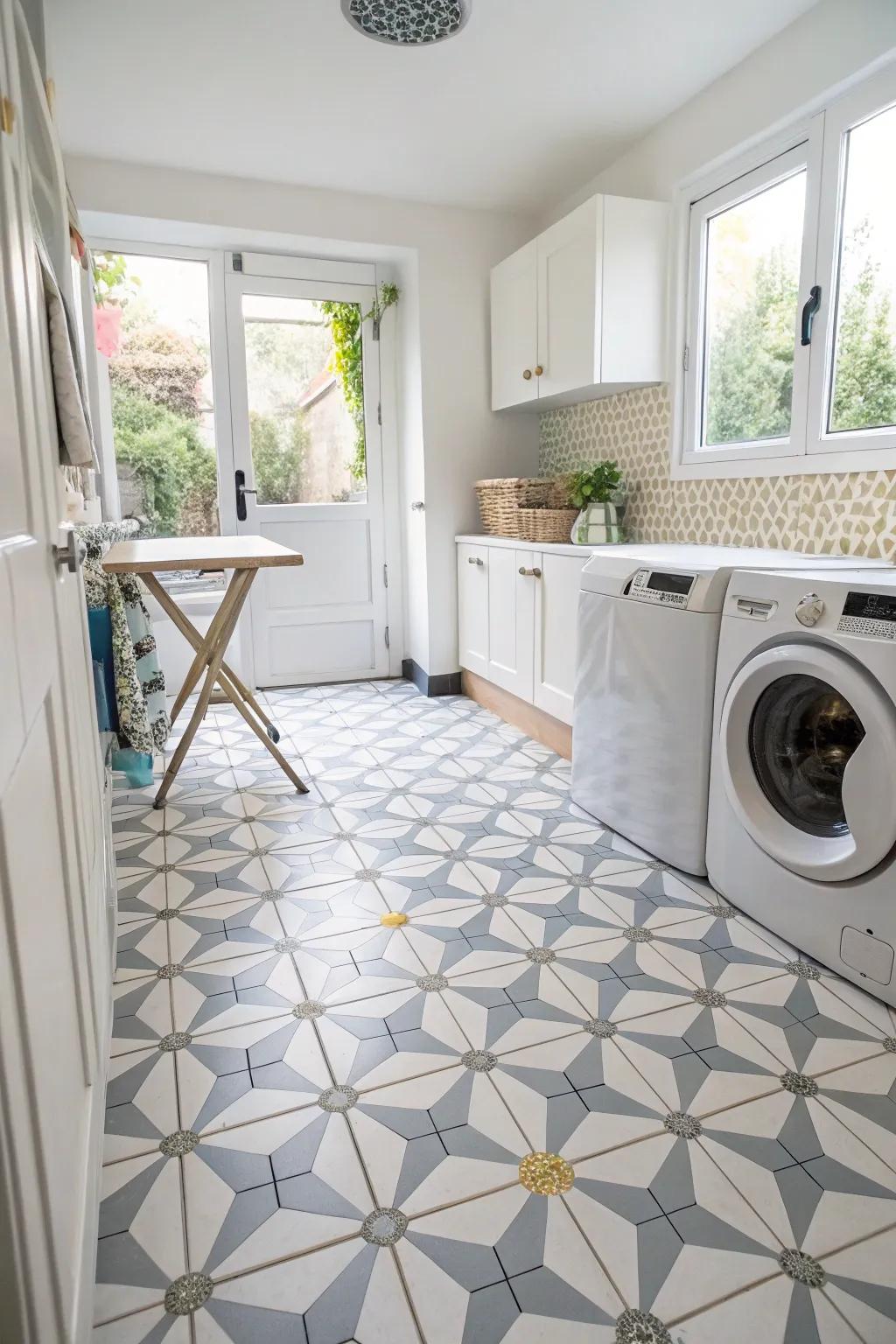Geometric patterned tiles infuse this laundry room with energy.