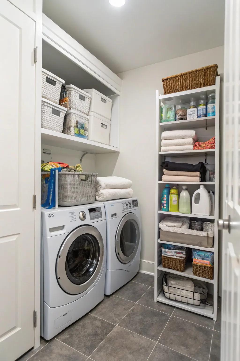 A small yet efficient laundry room utilizing stackable units, ideal for limited spaces.