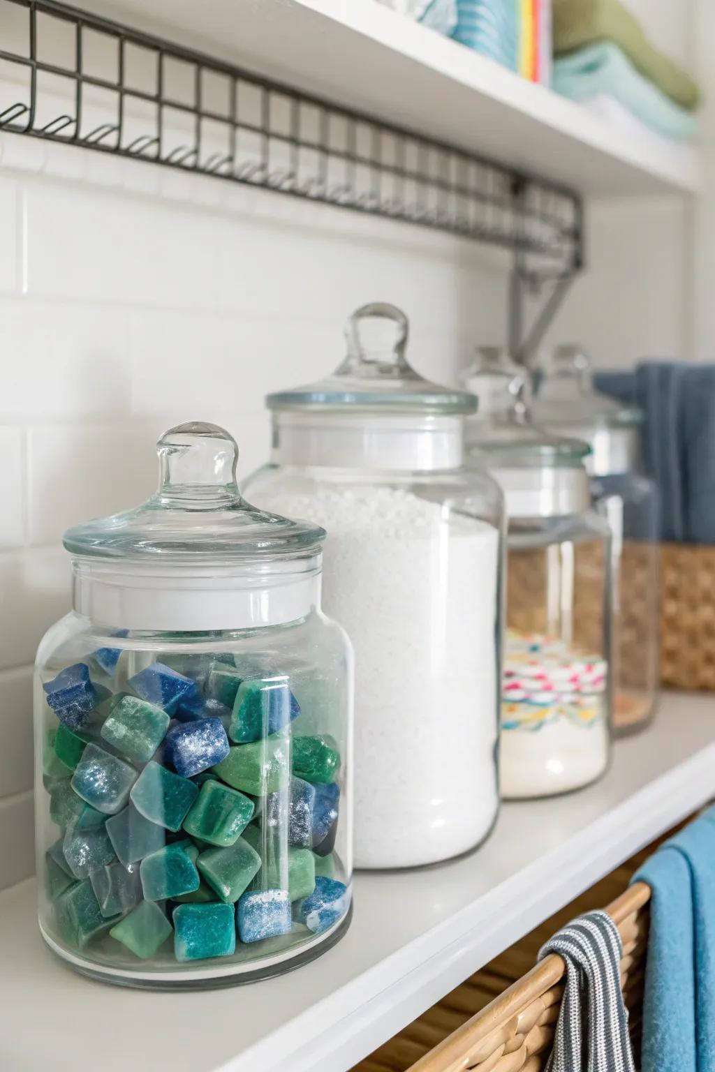 Transparent containers hold your laundry things in style.