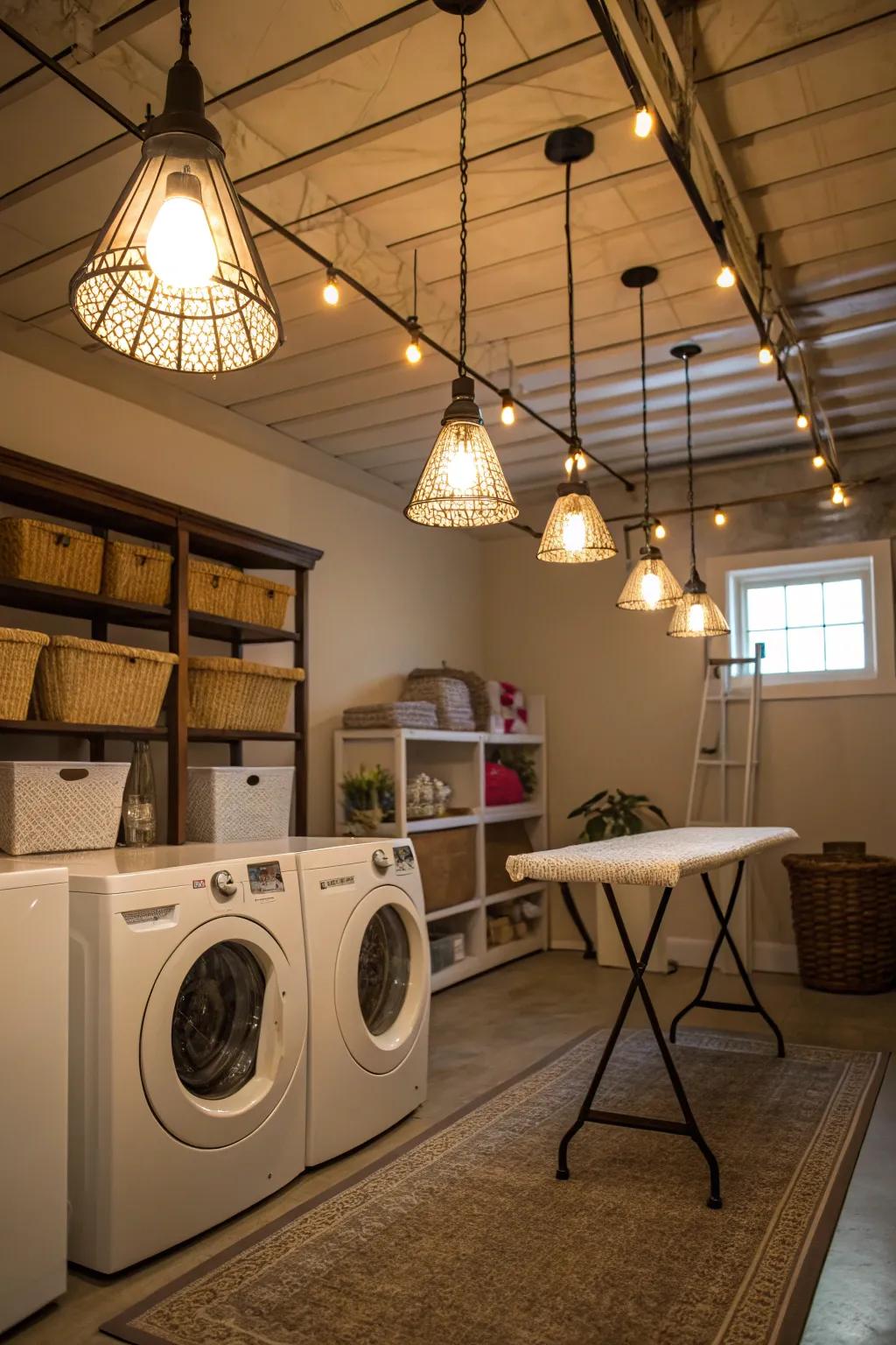 Pendant lights enhance the elegance of laundry rooms with high ceilings.
