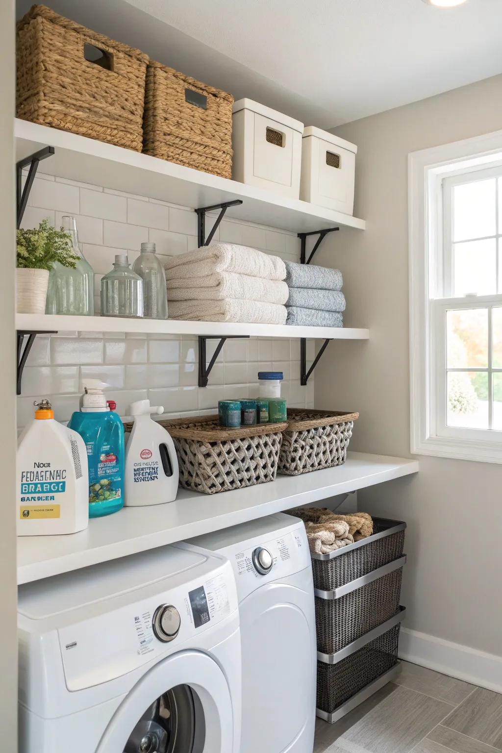 Floating shelves add a modern touch to this well-organized laundry room.