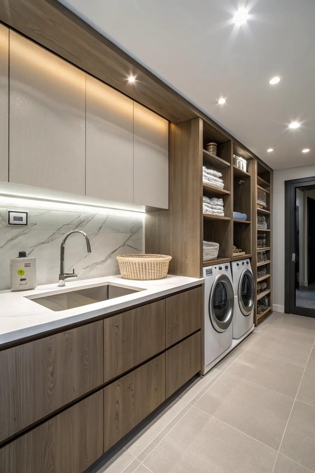 Seamless integration of basin and worktop for a contemporary aesthetic.