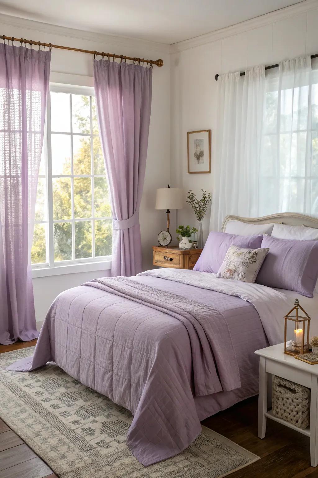 A comfortable bedroom showcasing lilac bedding and drapes drenched in gentle morning light.