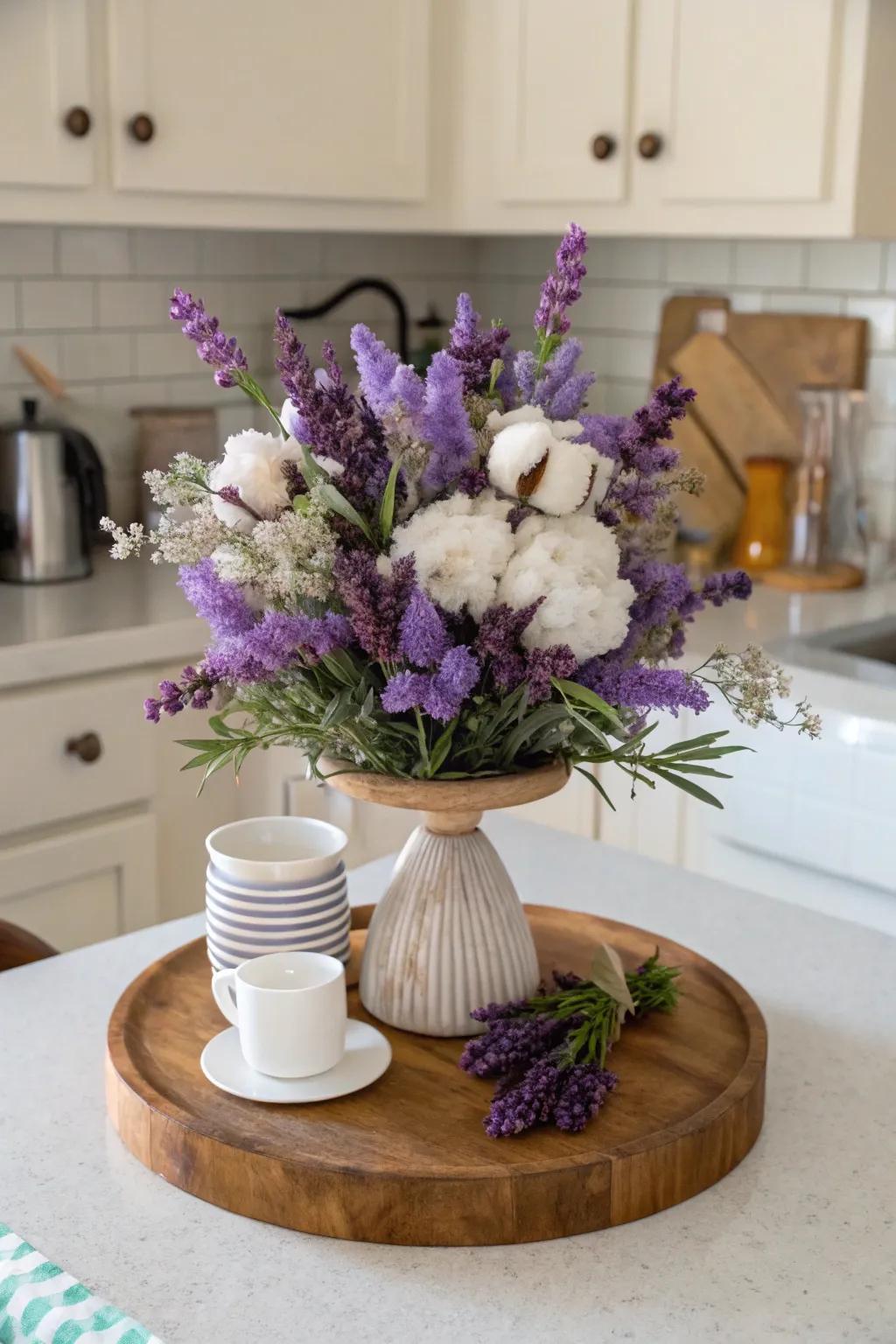 A spinning organizer displaying a captivating floral arrangement with lavender and cotton.