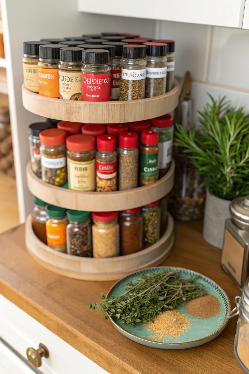A perfectly organized spice rack thanks to a <strong>lazy Susan</strong>, with all spices visible and neatly arranged.&rdquo; loading=&rdquo;lazy&rdquo; class=&rdquo;pimg&rdquo;>
	</picture><figcaption>A perfectly organized spice rack thanks to a <strong>lazy Susan</strong>, with all spices visible and neatly arranged.</figcaption></figure>
<p>A <strong>lazy Susan</strong> can completely change how you see your spice collection, turning a chaotic cabinet into a culinary artist&rsquo;s dream. Ideal for those tricky corners, it lets you easily spin and select your favorite seasonings.</p>
<h3>These products might help:</h3>
<ul class=