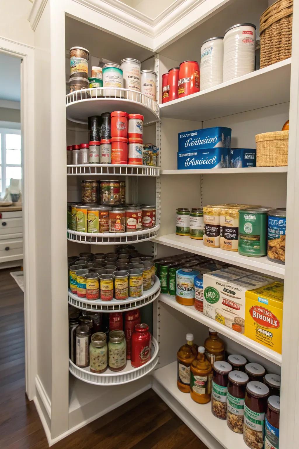 Maximize pantry storage with a spinning organizer to have effortless access to your canned goods.