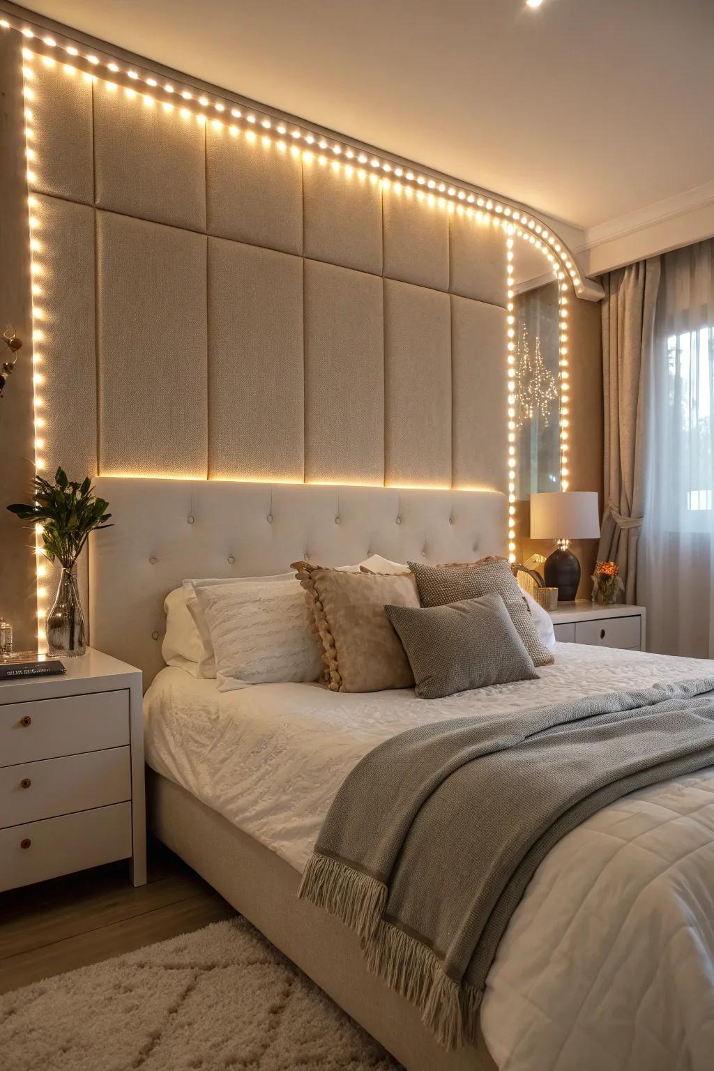 A calming sleeping space featuring soft LED illuminators behind the headboard.