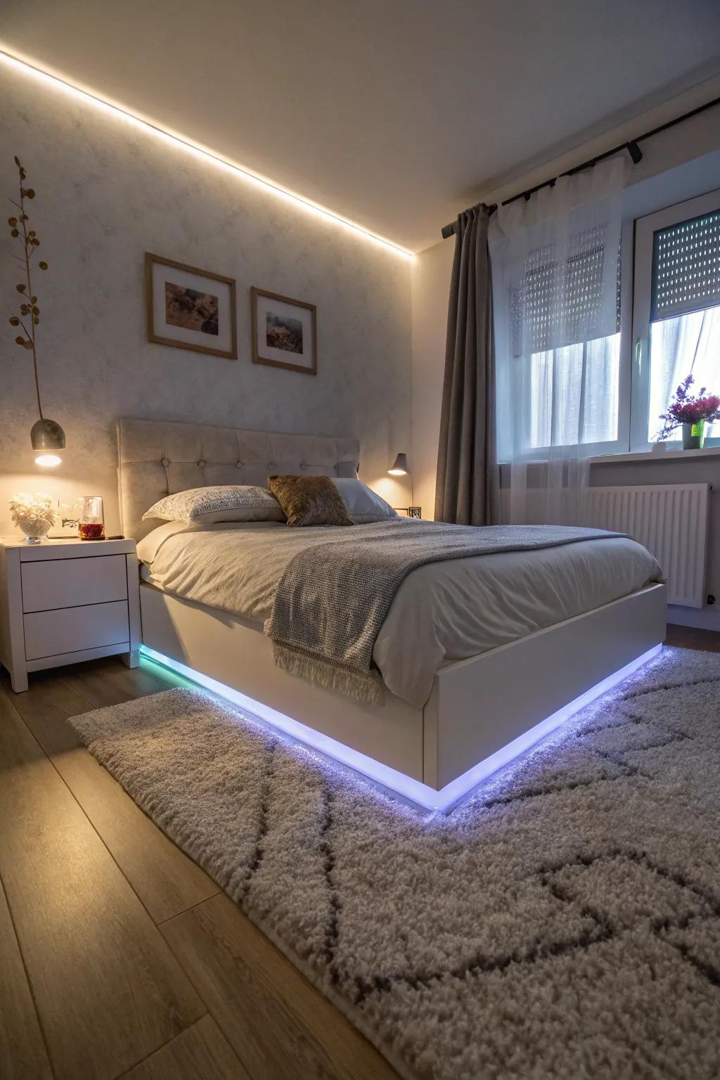 A magical floating bed effect achieved with LED strips.