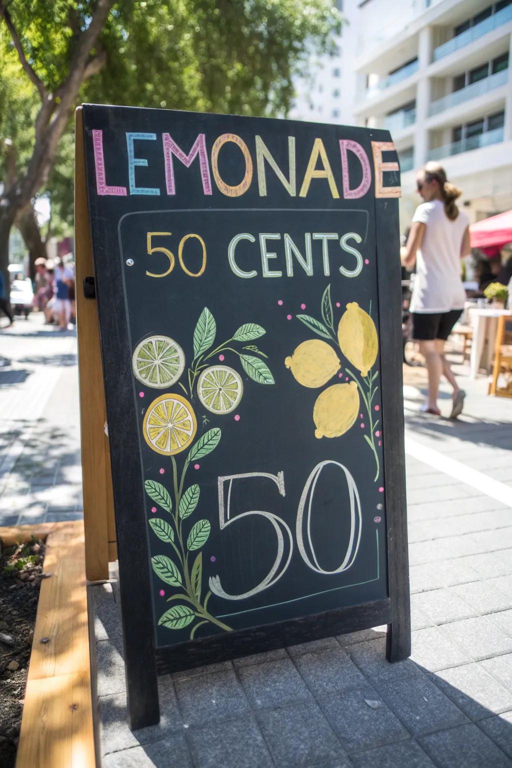 A slateboard display incorporates a rustic element to your lemonade booth.