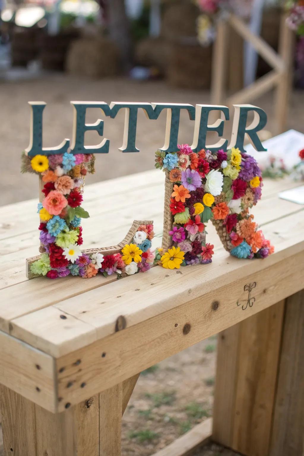 A letter gracefully enhanced with vibrant imitation flowers.