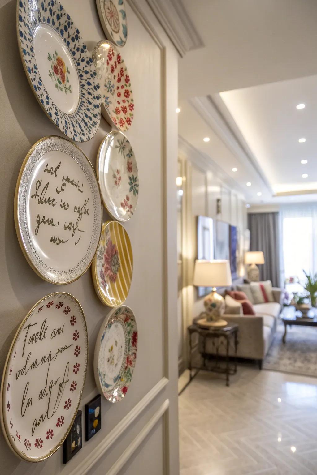 A chic apartment showcasing a plate wall, with each plate bearing a personal message.