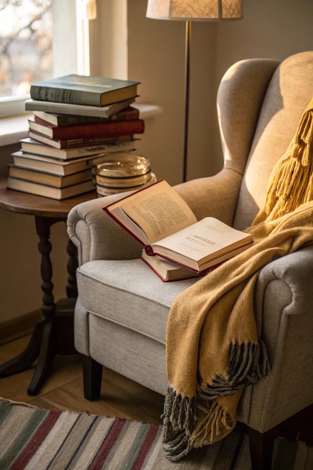 A comfortable reading area featuring a cozy chair and a pile of engaging books.