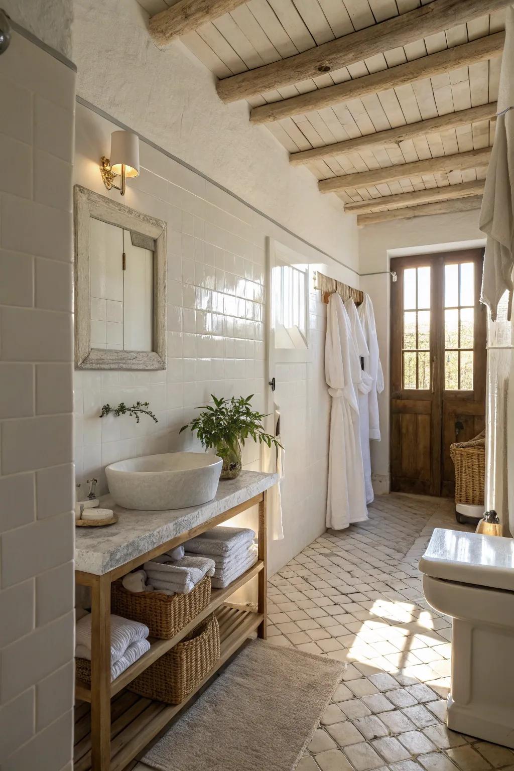 Varied ivory hues in a bathroom craft a tranquil and roomy ambiance.