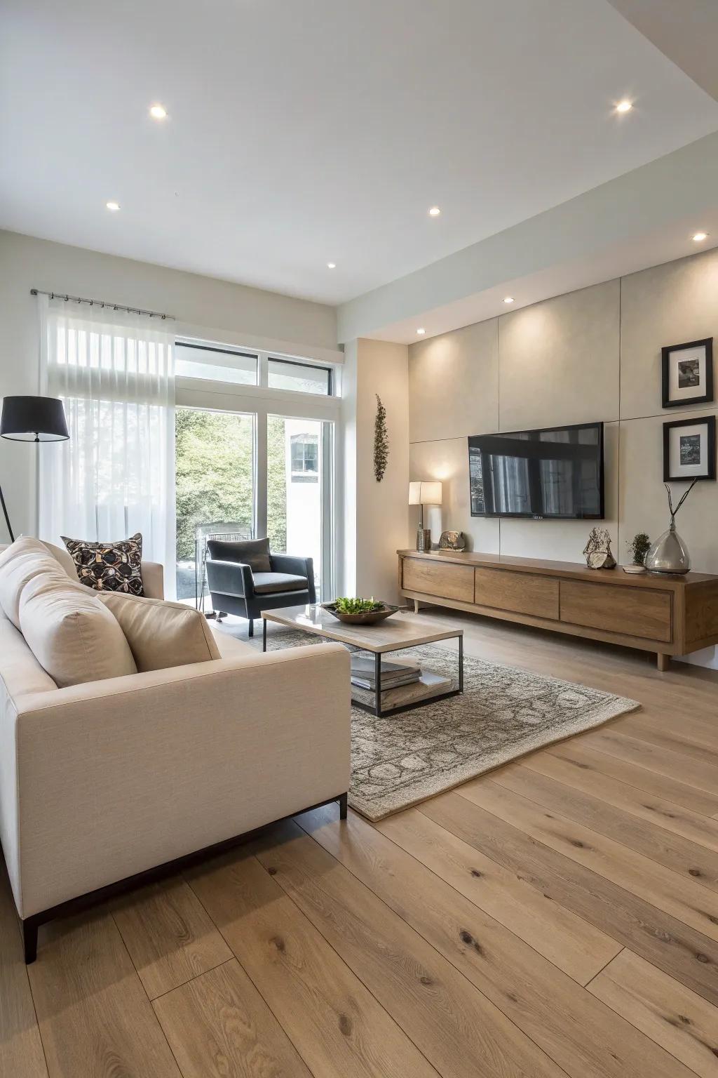 Pale gold maple flooring lends a touch of glamour to this modern living space.