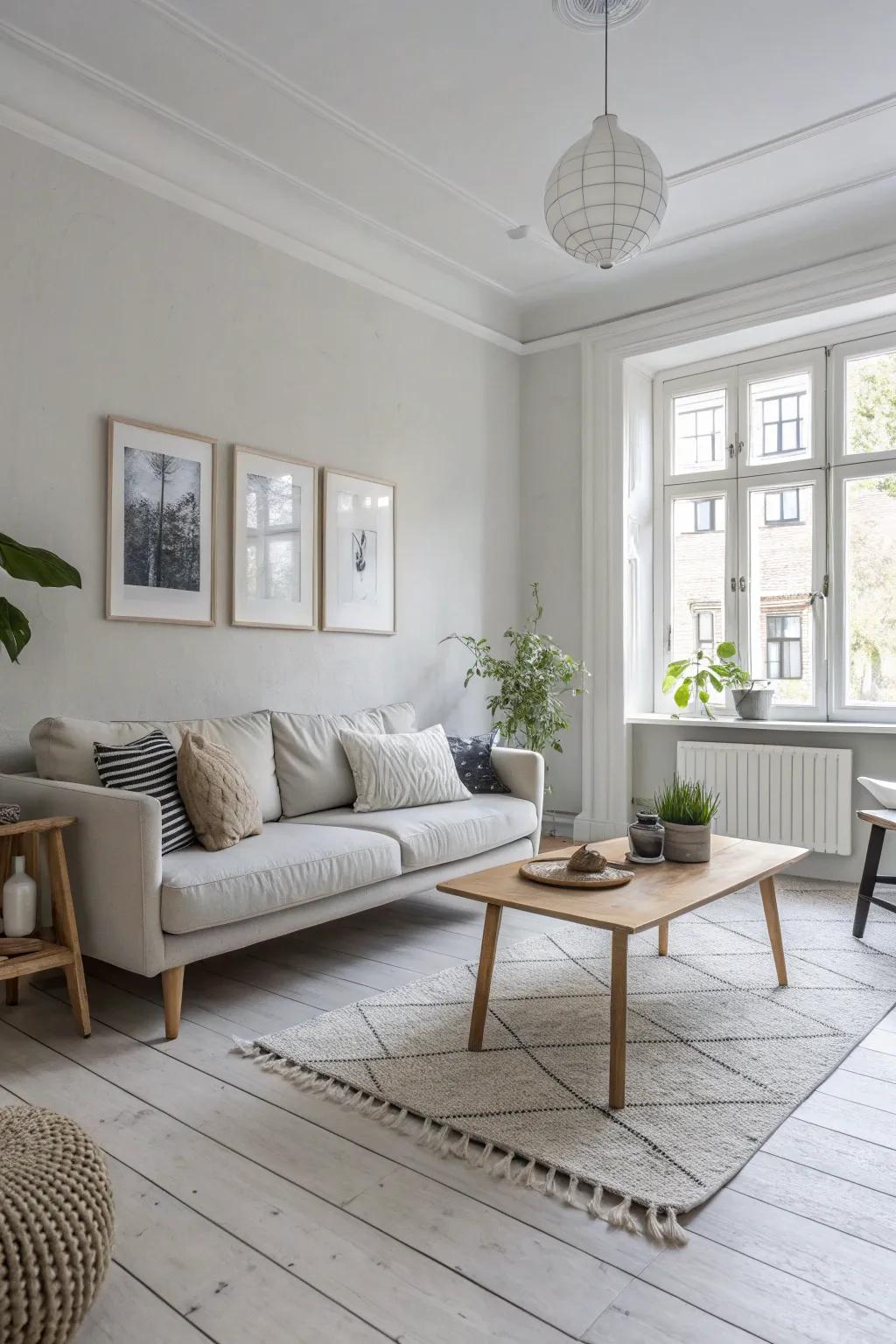 A Scandinavian living room featuring minimalist decor and light grey flooring.