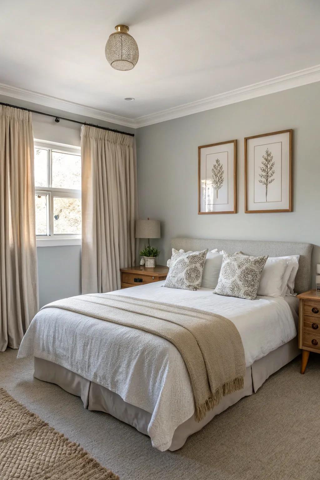 A bedroom featuring light grey walls complemented by a neutral palette.