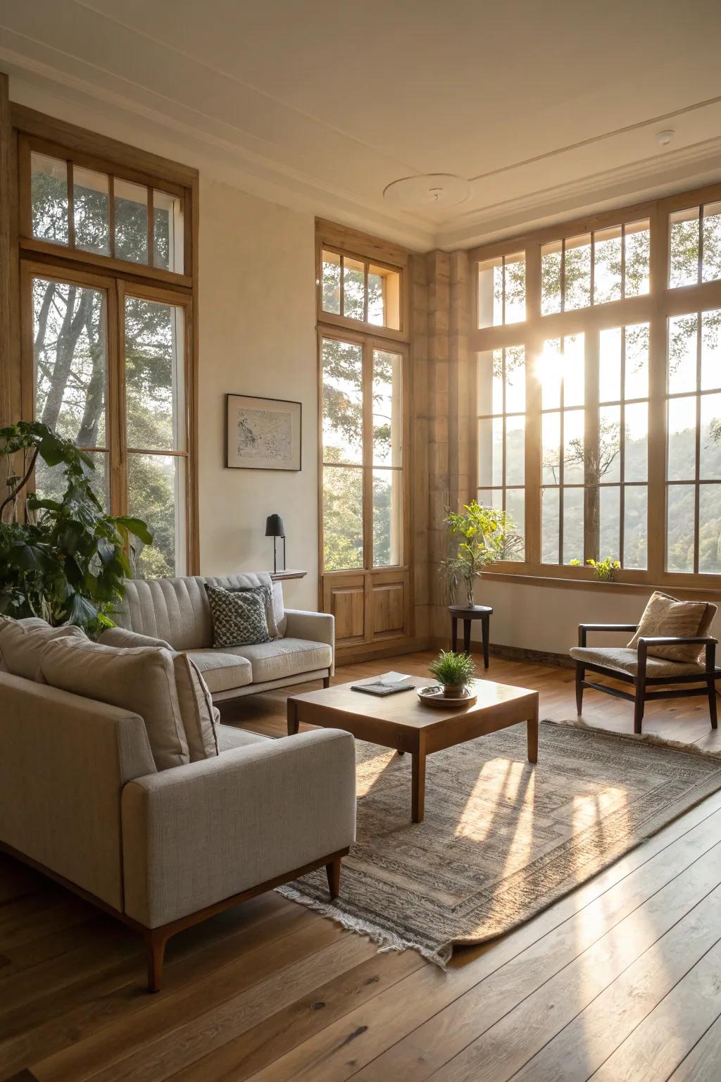 A living room artfully harnessing sunlight, underscoring the room&rsquo;s spaciousness through its choice of light wooden floors.