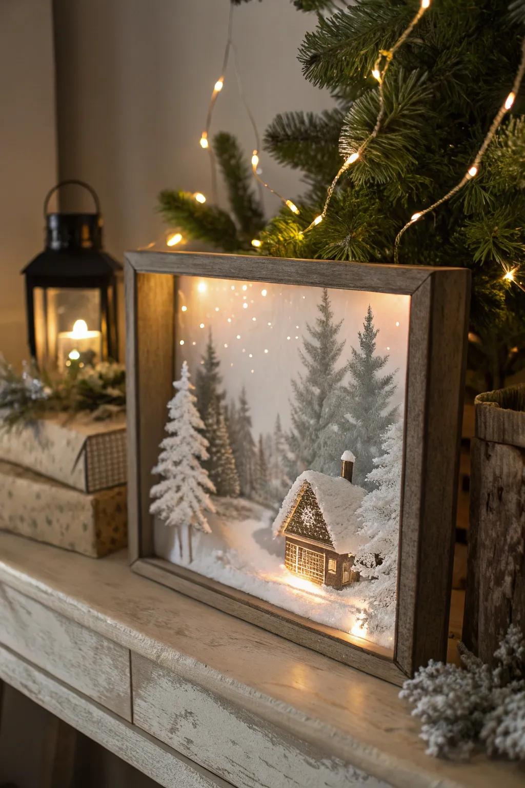 A snug winter scene showcased in a lighted shadow box