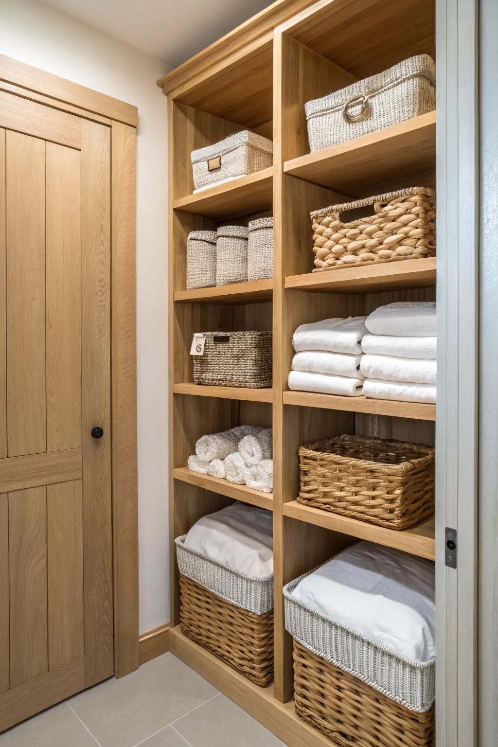 Bespoke wood shelves bring an elegant touch to any linen closet.