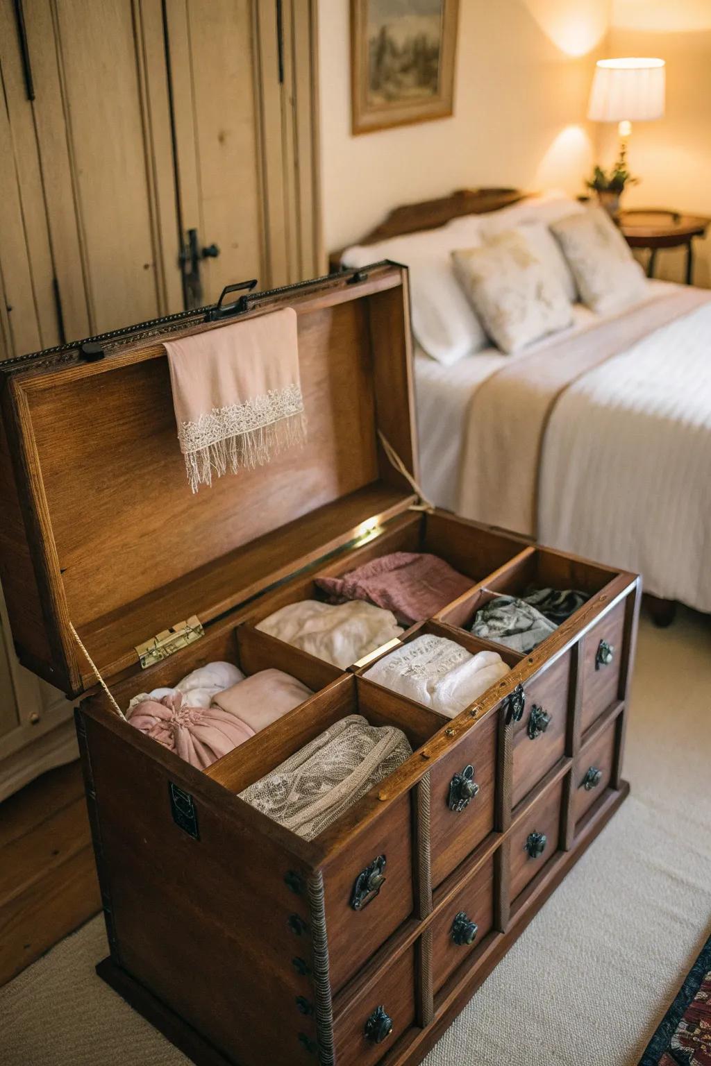 An antique chest provides a fashionable and practical solution for lingerie storage.