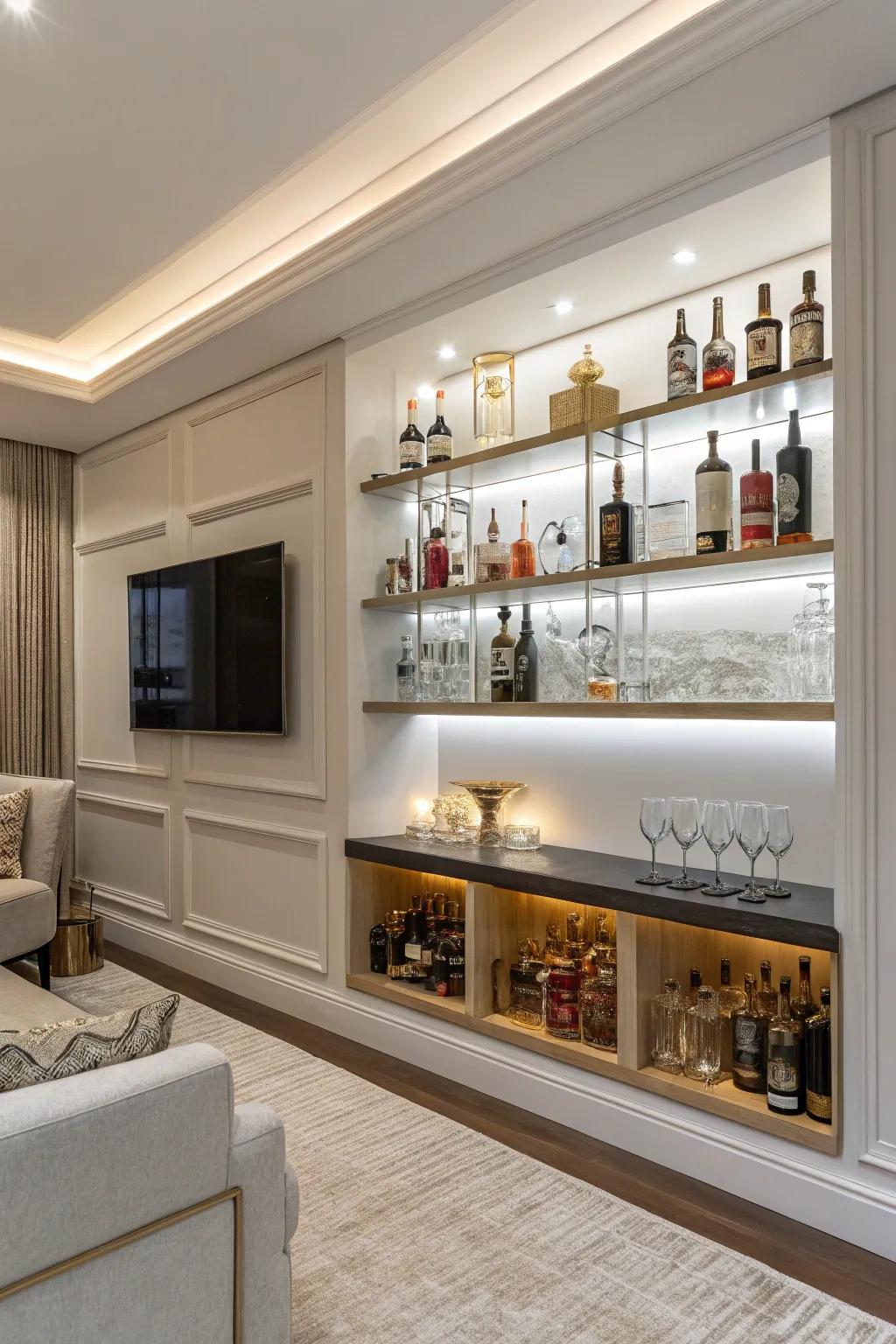 Elegant liquor display using floating shelves.