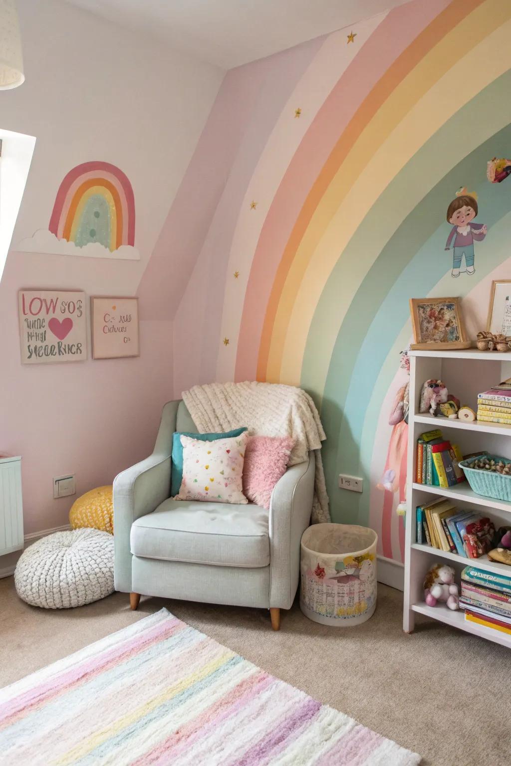 A delicate rainbow wall that imparts a hint of enchantment to a girl's space.
