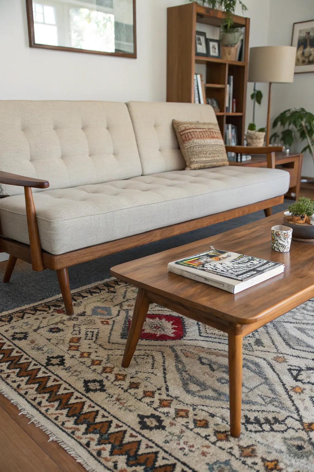 Mid-century modern couch, celebrated for its iconic peg legs.