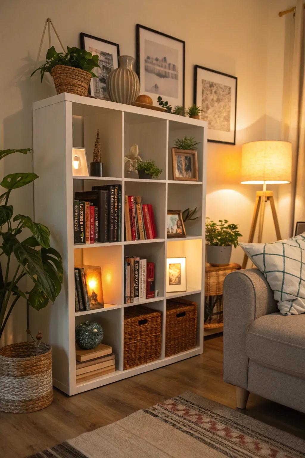 A charming book nook showcases how cube storage beautifully combines literature with decor.