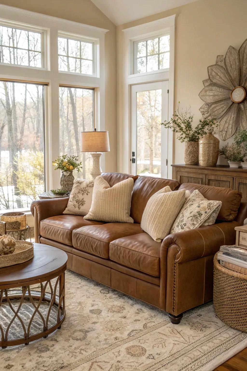 Neutral shades enhance the tan hide lounge beautifully.
