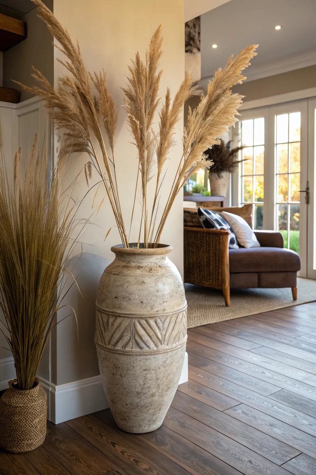 A sizable ceramic vase brimming with ornamental grass gives any living area a hint of bohemian elegance.