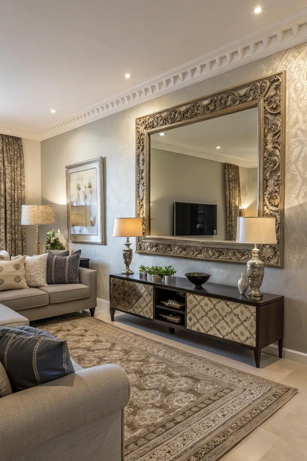 Command attention with a substantial mirror that anchors the room's aesthetic.