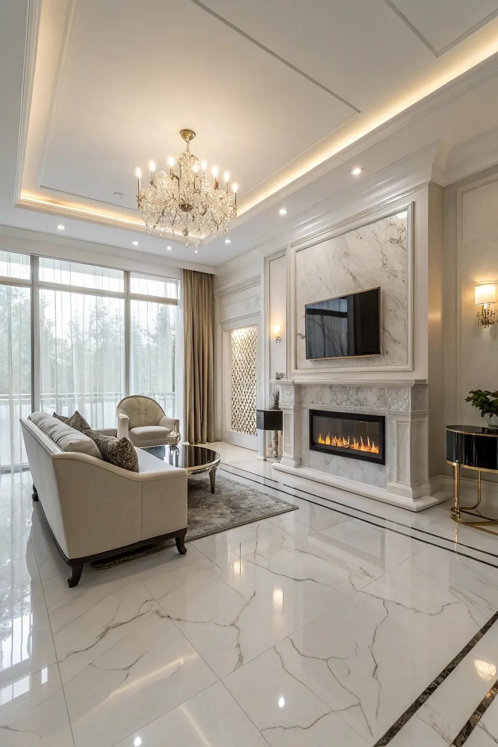 Elegant family room with refined white marble tiling.