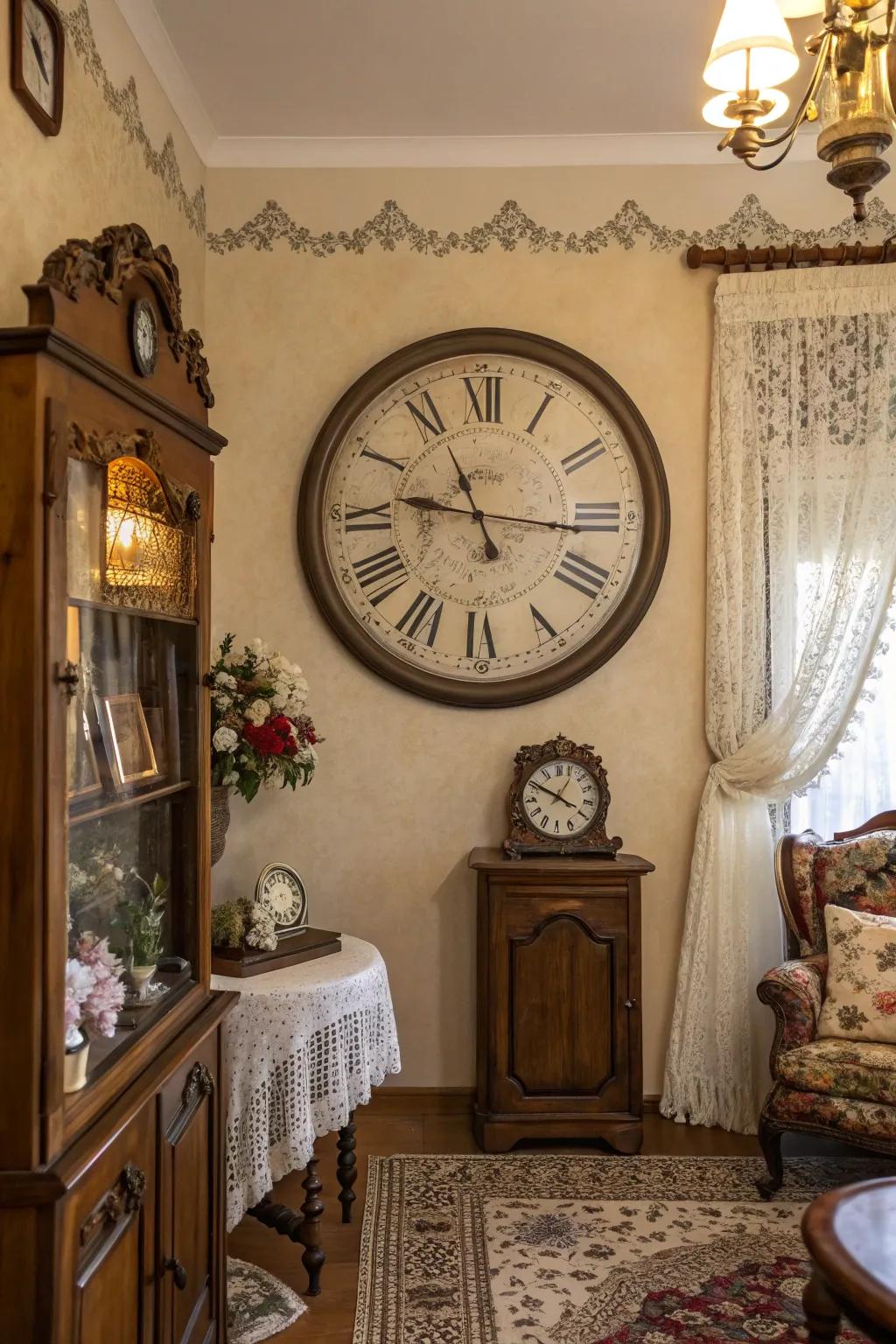 A vintage clock brings classic elegance to a warm and inviting living room.