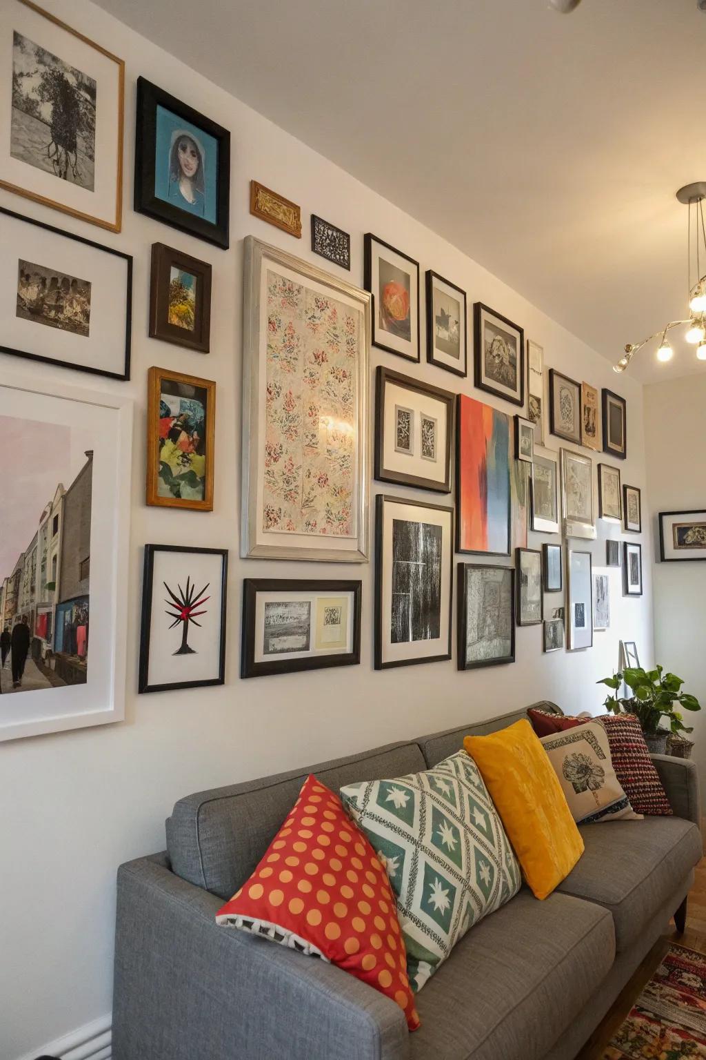A diverse gallery wall showcasing a mix of art and personal photos.