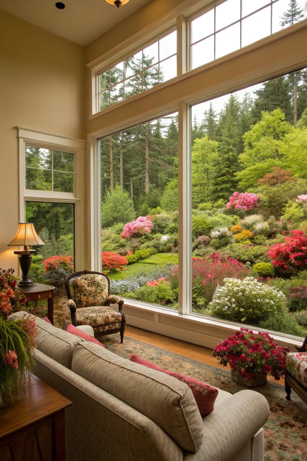 A living area showcasing a sizable panoramic window that perfectly frames a dynamic garden setting.